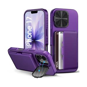 for iPhone 17 Wallet Case with Camera Cover Kickstand, Card Holder (3-5 Cards), Military Grade Protection, Heavy Duty Women Men Shockproof Hard Phone Case for iPhone 17 6.3" 2025, Dark Purple