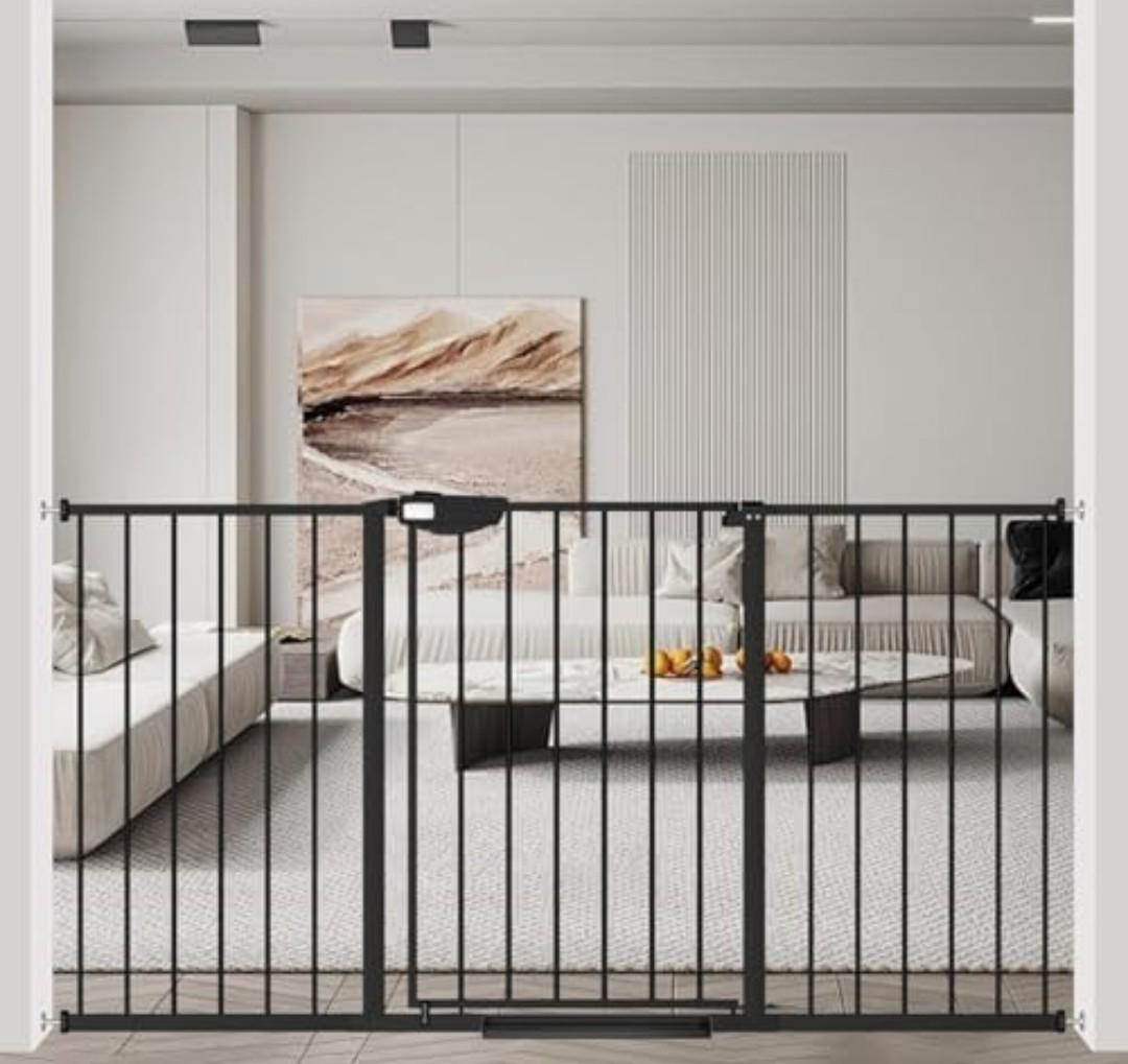 WAOWAO Triple Lock Baby Gate Extra Wide 57.87-62.59" Pressure Mounted Walk Through Swing Auto Close Safety Black Metal Dog Pet Puppy Cat for Stairs,Doorways,Kitchen
