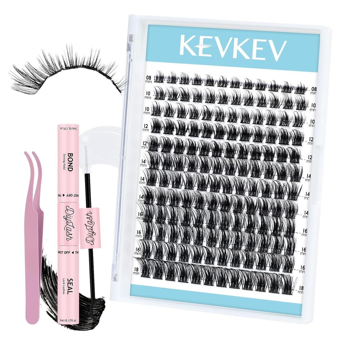 KevKev Lash Clusters Kit 144pcs Eyelash Clusters Cloudy Natural Wispy Lash Clusters Eyelash Extension Kit ith Lash Bond and Seal Remover Beginner Friendly (Cloudy, D-8-18mix)