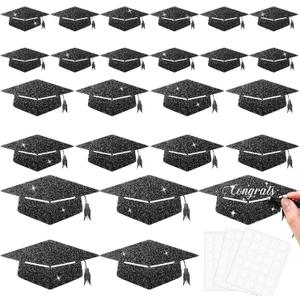 2 x Fuutreo 120 Pcs Glitter Grad Caps Cutouts with 120 Glue Points, 6 inch, 4 inch, 3 inches Graduation Caps Glitter Confetti Class of 2025 Paper Tags for DIY Craft Bulletin Board School Supplies(Black)
