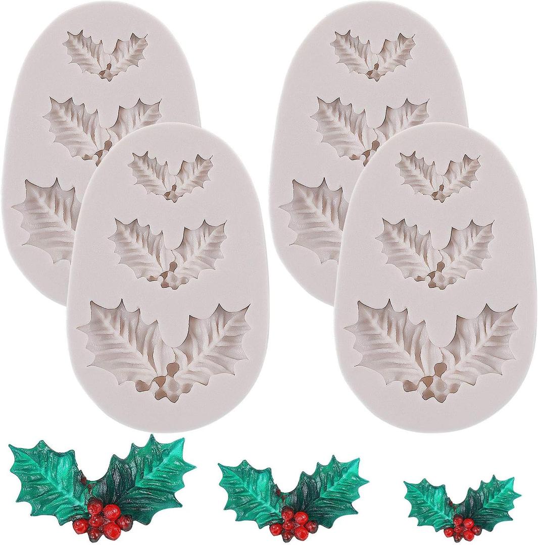 4 Pieces Christmas Holly Leaves Silicone Mold Leaf Shaped Fondant Mold Chocolate Dessert Molds for Baking Chocolate Candy Sugar Cake Decorations