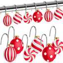 Yungyan 12 Pcs Christmas Ball Shower Curtain Hooks Candy Curtain Hangers Xmas Decorative Rings Accessories for Holiday Bathroom Restroom Decor