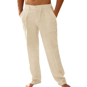 PASLTER Mens Casual Linen Pants Loose Fit Elastic Drawstring Waist Straight-Legs Summer Yoga Beach Long Pants (Beige)