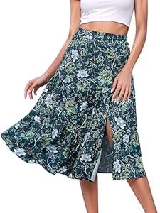 Timormode Boho Floral Long Skirts for Women Elastic High Waist Flowy Midi Skirts with Slit Summer Spring Tiered Beach Skirt TMS8001 NavyBloom S