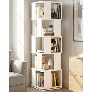 5-Tier Rotating Bookshelf Tower, 360 Square Spinning Book Shelf | Floor Standing Revolving Bookcase, Stable Display Corner Book Shelf for Living Room, Bedroom, Home Office, White