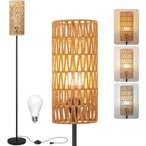 Floor Lamp for Living Room,Farmhouse Rattan Floor lamp,Modern Standing lamp with Hand-Worked Rattan Shade,Black Tall Lamp with Foot Switch for Bedroom,Kids Room,Office,LED Bulb is Included.