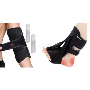 Set of 2: Plantar Fasciitis Night Splint and Brace, Upgraded Planters Facetious Relief, Foot Drop and Achilles Tendonitis Relief Brace. Night Splint for Plantar Fasciitis Women and Men, Black + Hurmoya Elbow Brace for Tendonitis, Tennis Compression Sleeve with Adjustable Metal Splints, Medium
