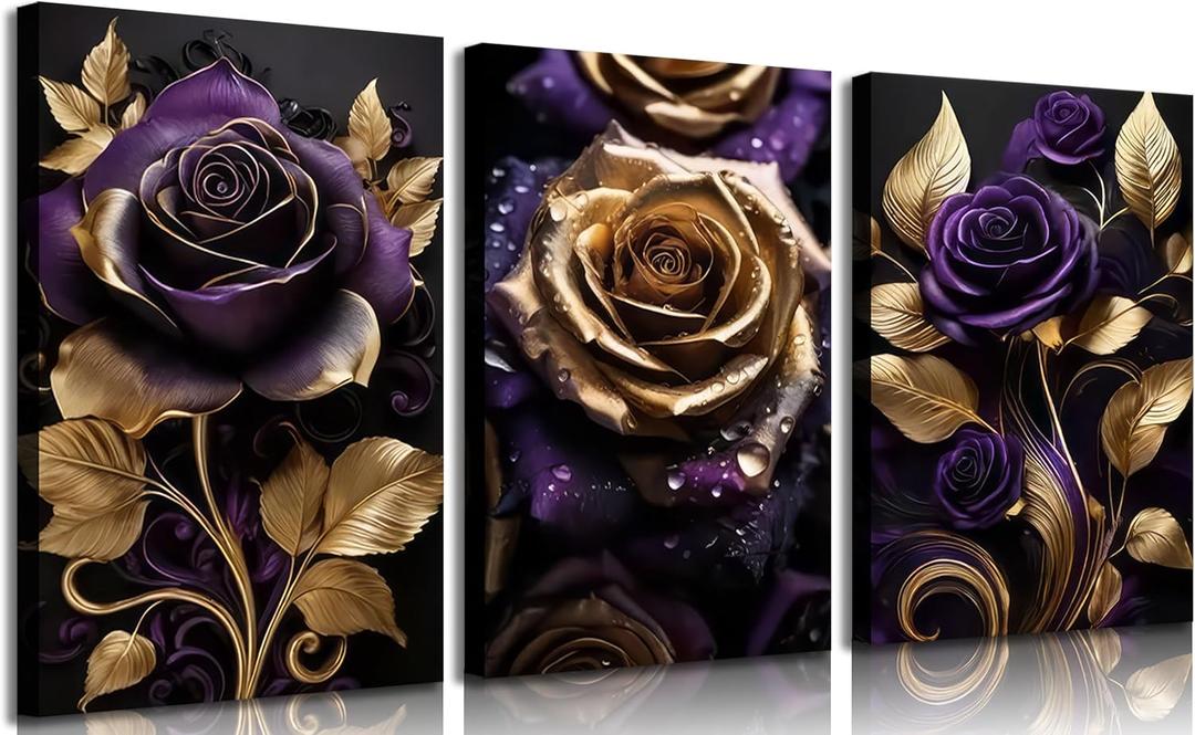 3pcs Purple Gold Rose Canvas Wall Art Abstract Rose Floral Pictures Wall Decor Elegant Blossom Gold And Purple Posters Prints Paintings for Living Bedroom Bathroom Decoration Ready To Hang (24L" x 16W"-Canvas)