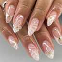 White French Tip Press on Nails Medium Almond Fake Nails with Gold Beads Designs Cute 3D Flower Seashell False Nails Glossy Elegant Ribbon False Nails Reusable Stick on Nails for Women 24Pcs