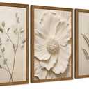 JLTULT Beige Floral Wall Art Set of 3, Solid Wood Frames, 20 x 30 in Each