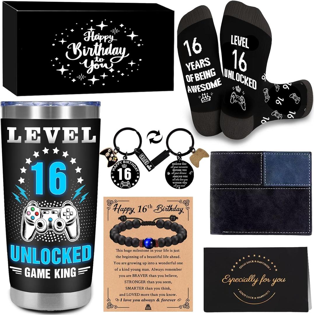 16 Year Old Boy Gifts, 16th Birthday Gifts for Boys, 16 Birthday Decorations Boy, Cool Sixteen Gamer Gifts with 20 Oz Tumbler Socks Wallet Bracelet Keychain for Son, Nephew, Grandson, Brother