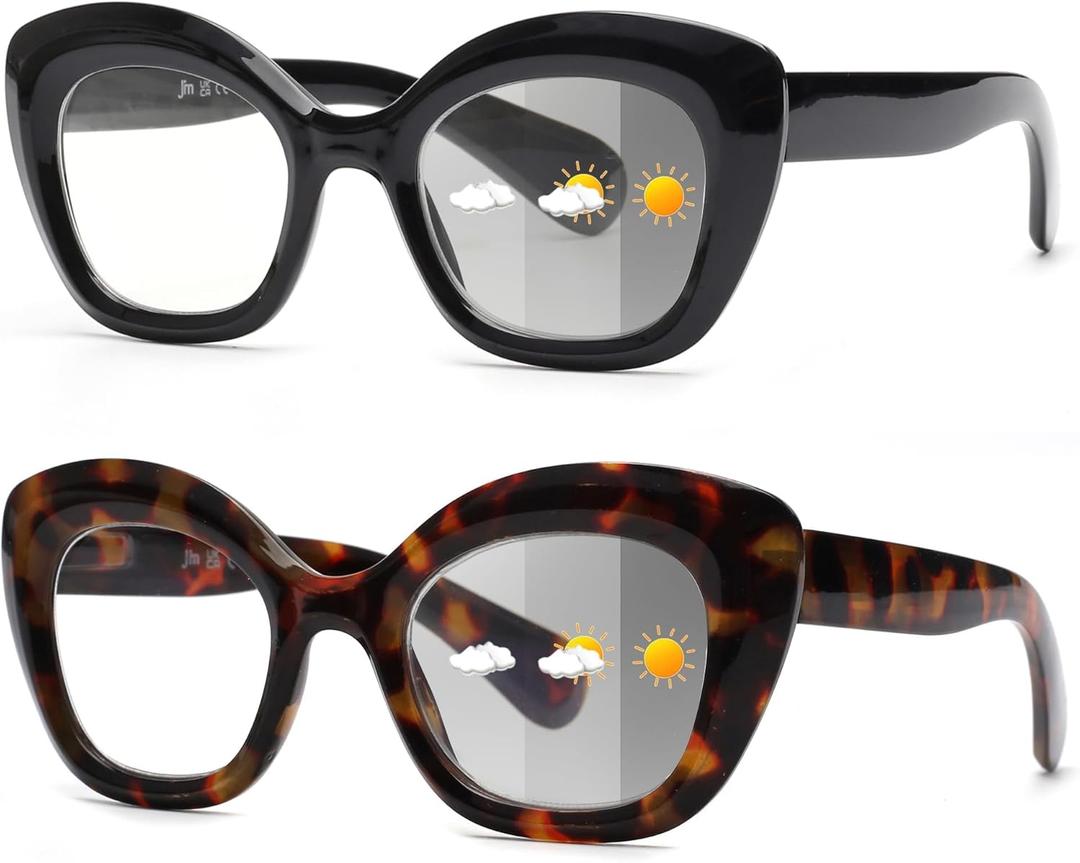 JM Cat-Eye Reading Glasses for Women, Blue Light Blocking Computer Readers with Spring Hinge (2 Pack Photochromic)