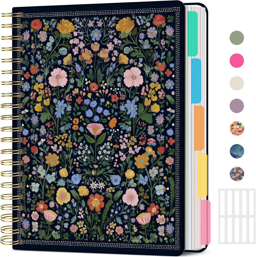 Large Lined Spiral Journal for Women Cute Hardcover 5 Subject Notebook for Work 8.5" x 11" with Removable Dividers & Tabs, College Ruled, 280 Pages Aesthetic Journal for Work, School & Note Taking, Garden of Whimsy