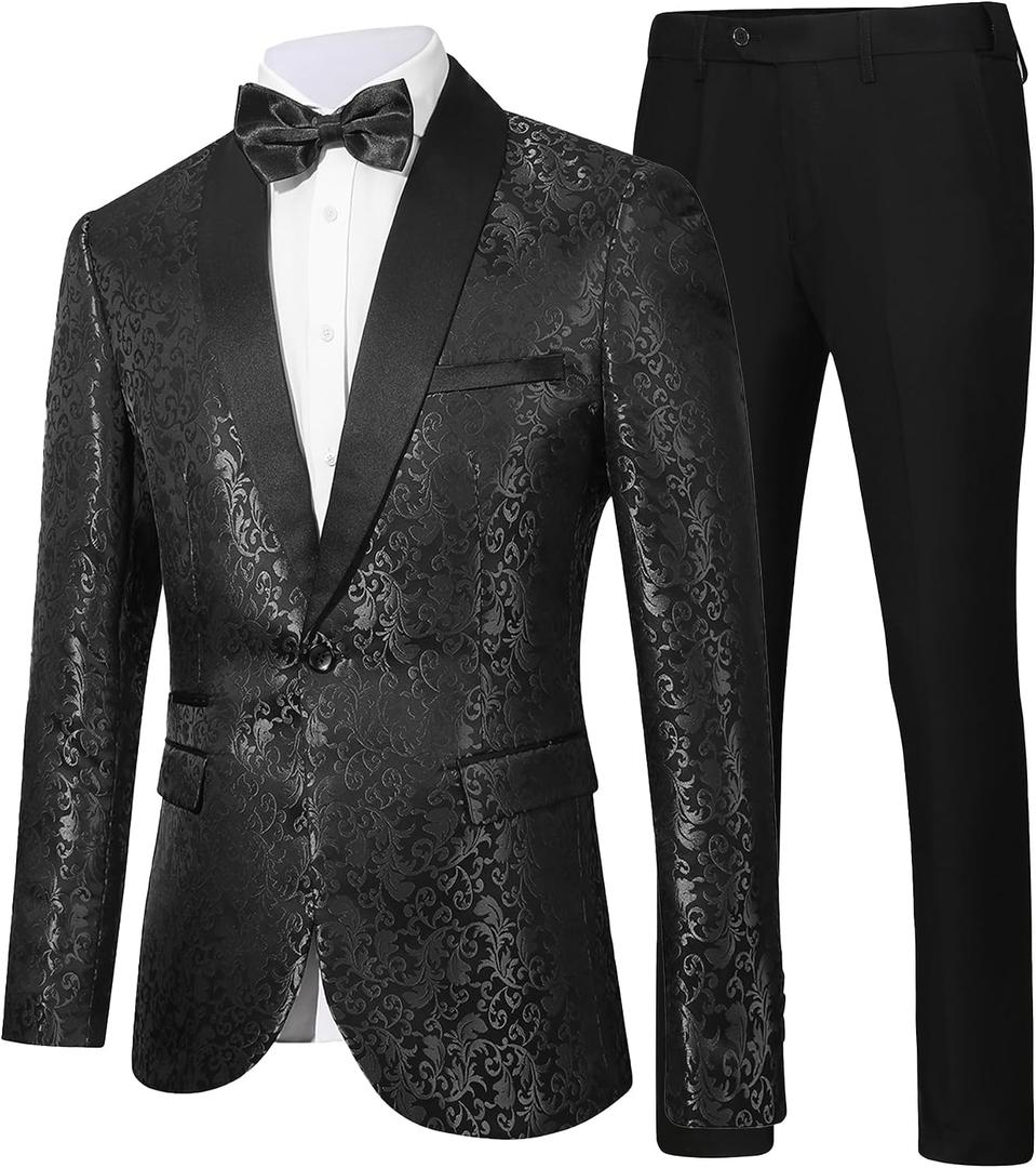 Men's Floral Dinner Party Prom Wedding Stylish Tuxedo Suits for Men One Button Dinner Jacket Pants Set XL