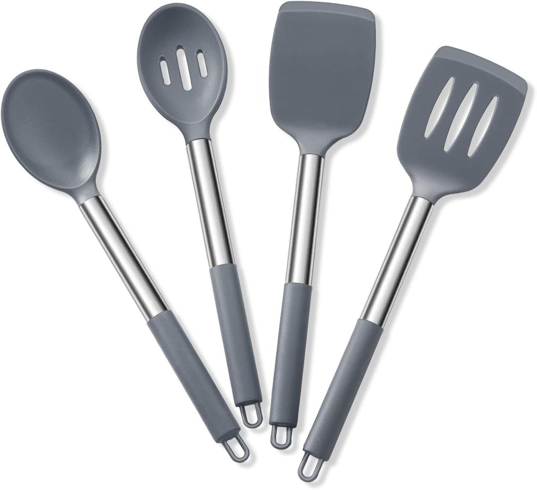 Cooking Utensils Set of 4, E-far Silicone Kitchen Utensils for Non-stick Cookware, Heat Resistant & Non-toxic Slotted Spatula Solid Spoon Turner for Flipping Mixing Serving Basting(Grey) (Gray)