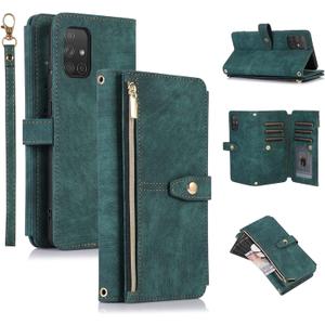 UEEBAI Case for Samsung Galaxy A71, 9 Card Slots Retro Leather Wallet Shockproof Flip Cover with Hand Strap Card Slots Zipper Pocket Kickstand Handbag Magnetic Closure - Retro Green