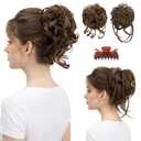 SARLA 2PCS Brown Messy Bun Hair Pieces for Women Detachable Claw Clip Wavy Curly Synthetic Hairpieces for Updos with Tendrils Fake Scrunchies Ponytail Extension Coffee Brown