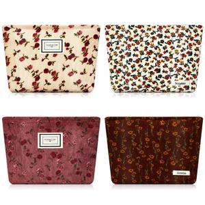 Sanwuta 4 Pcs Corduroy Cosmetic Bags Floral Makeup Bag Corduroy Cosmetic Pouch Flower Travel Toiletry Zipper Bag Large Capacity Aesthetic Purse Organizer Cute Handbags for Women, Girls Gifts, 4 Styles