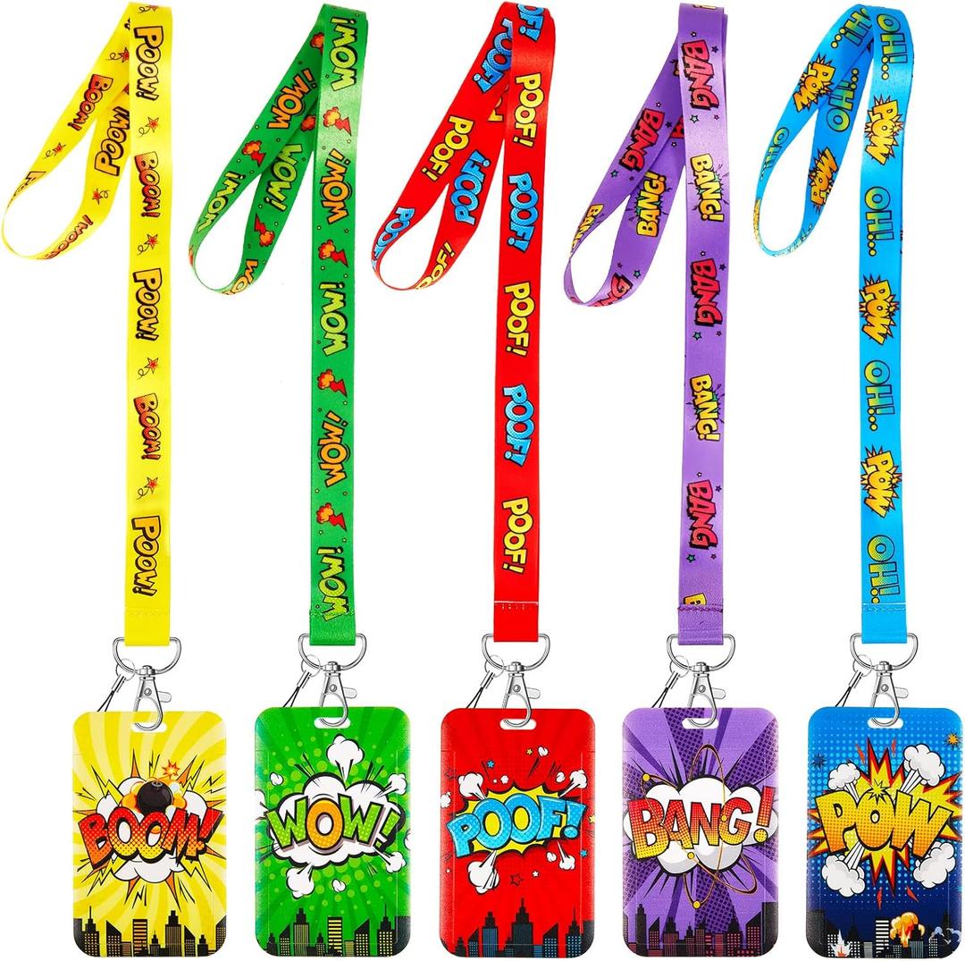 5 Sets Colored Hero ID Badge Holder with Lanyard Detachable Lanyard with Cute ID Card Holder Silky Strap Neck Clip Clasp Hard Name Case for School Kids Boys Students Teens