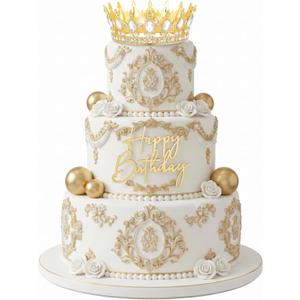 8 Pcs Gold Queen Crown Cake Topper for Women, Happy Birthday Cake Toppers Foam Balls Rhinestone Crystal Tiara Wedding Decoration for Princess Party Photo Props