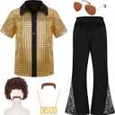 Gorkonpy 70s Outfits for Boys Kids Disco Costume Halloween Party Dress Up (Gold, 10-12 Years)