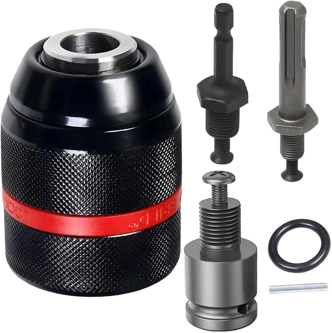 Multi - Function 1.5-13mm Self-Tighten Keyless Drill Chuck with 1/2-20UNF Mount, Complete with 3/8" SDS - Plus Shank, 1/4" Hex Shank & 1/2" Impact Wrench Adapter