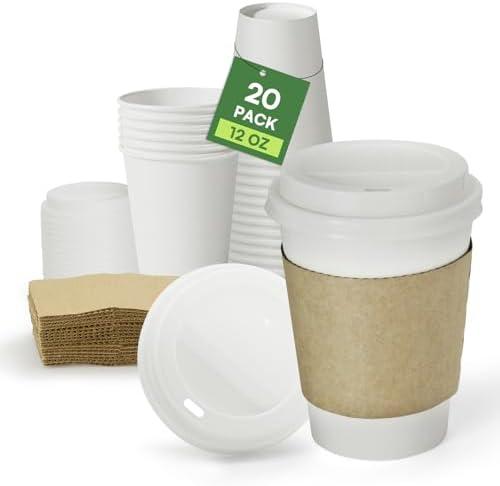 Paper Coffee Cups with Lids & Sleeves 12 oz Hot Cups, 20 Pack To Go Cups with Lids & Sleeves, BPA Free Unbleached Thickened Leak Proof White Paper Cups for Everyday Office Coffee Bar Supply Essentials