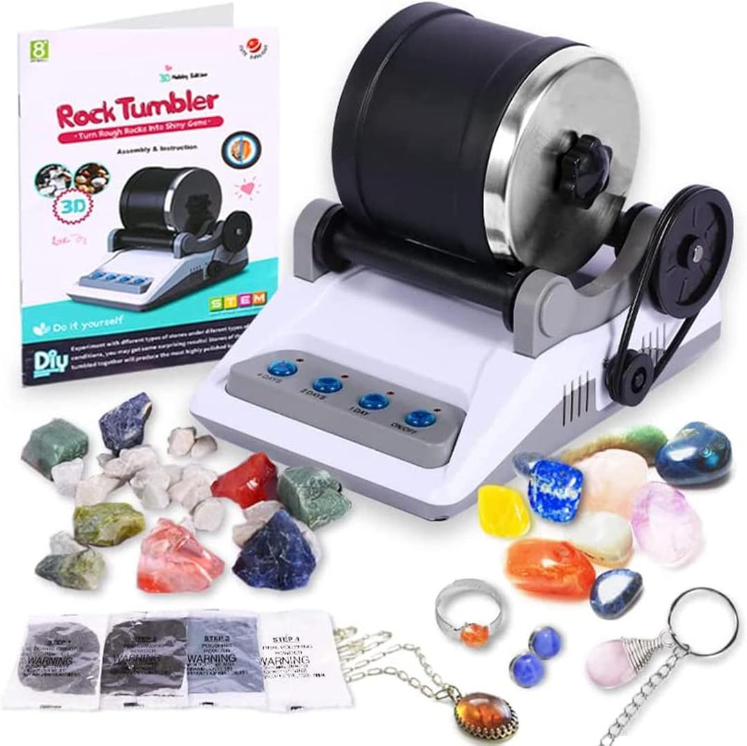 BUAOB Rock Tumbler Kit - Turn Rough Rocks into Beautiful Gems with 7-Day Timer, Includes 2 Belts, Bag of Rough Stones, 4 Stages of Grits: Coarse, Fine, Polishing, Final Polishing