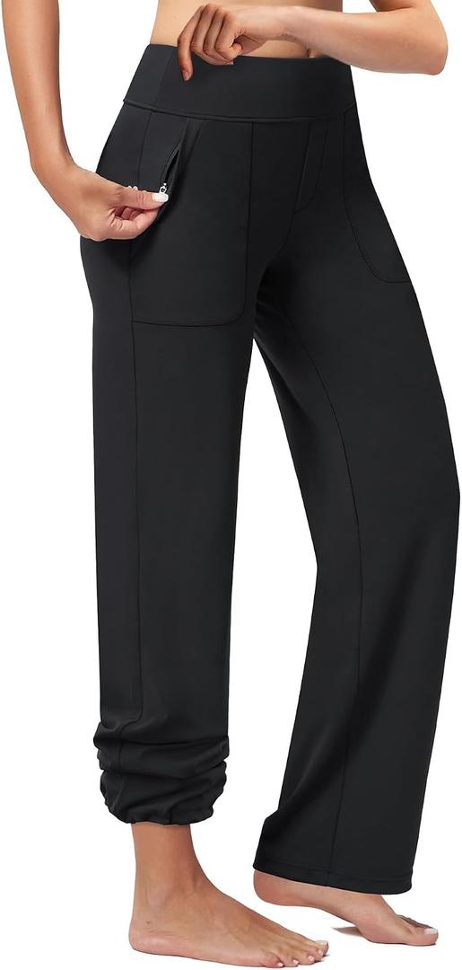 Casei Women's Wide Leg Yoga Pants with Zipper Pockets - High Waisted Travel Dress Pants, Casual Stretchy Adjustable Hem S