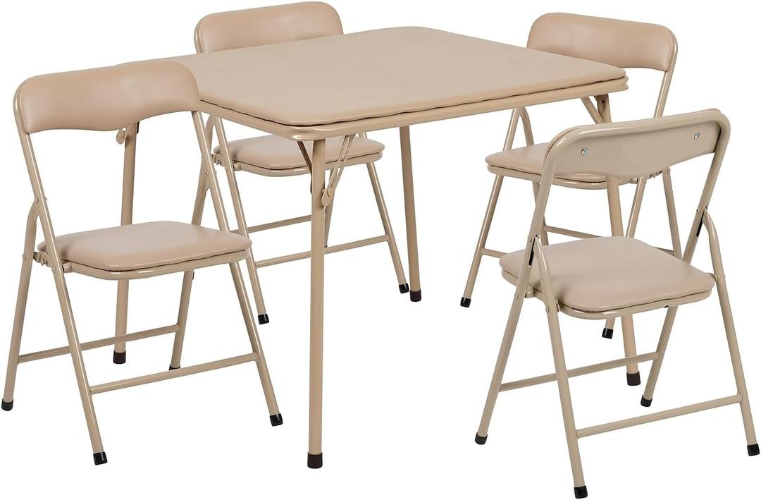 Flash Furniture Mindy Kids 5-Piece Folding Square Table and Chairs Set for Daycare and Classrooms, Children's Activity Table and Chairs Set, Tan