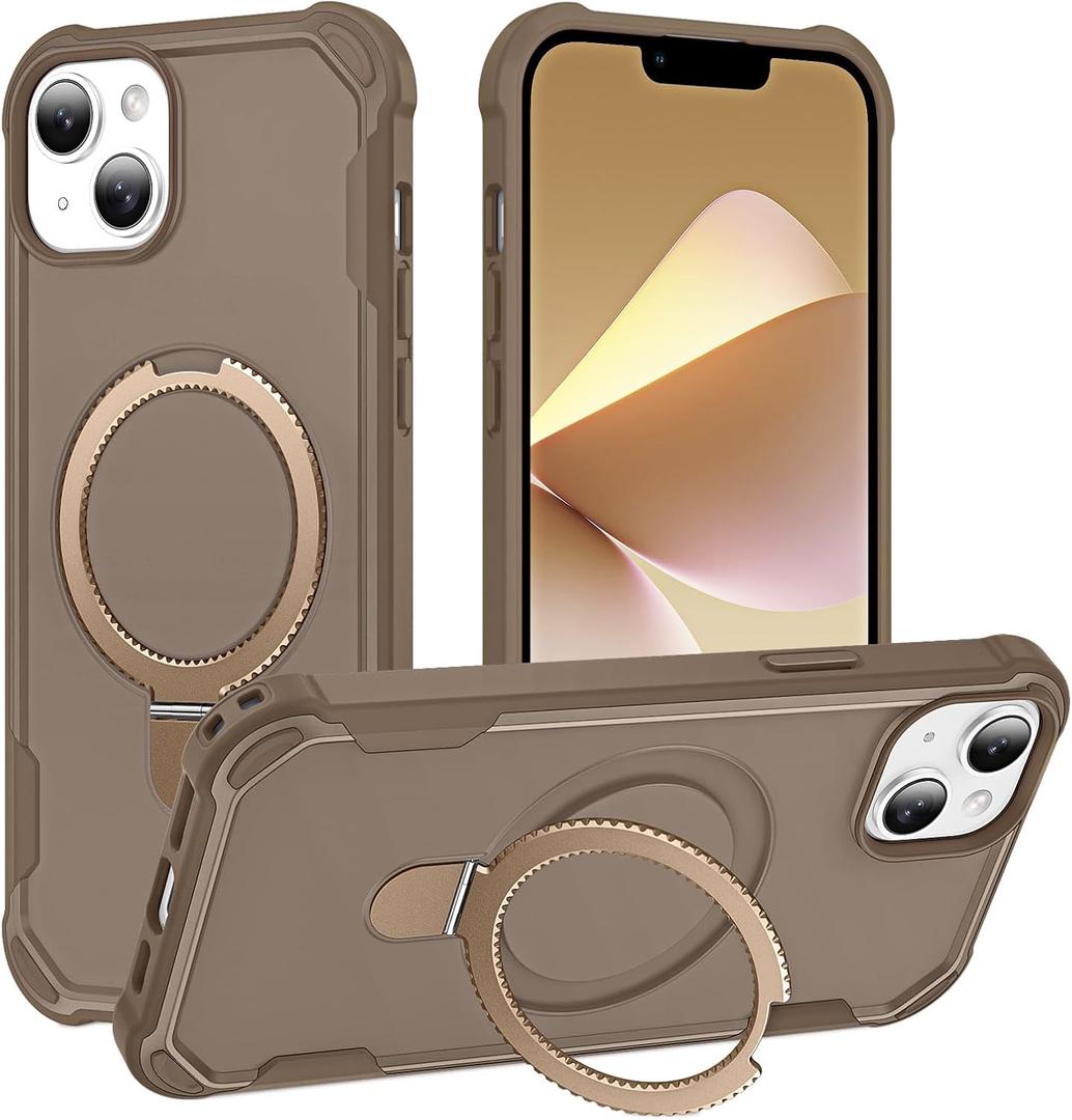 Compatible with iPhone 13 Case & iPhone 14 Case with Invisible Magnetic Ring Stand [Compatible with Magnetic] [Military Drop Protection] Shockproof Slim Hard Back Soft Edge 6.1 Inch, Khaki