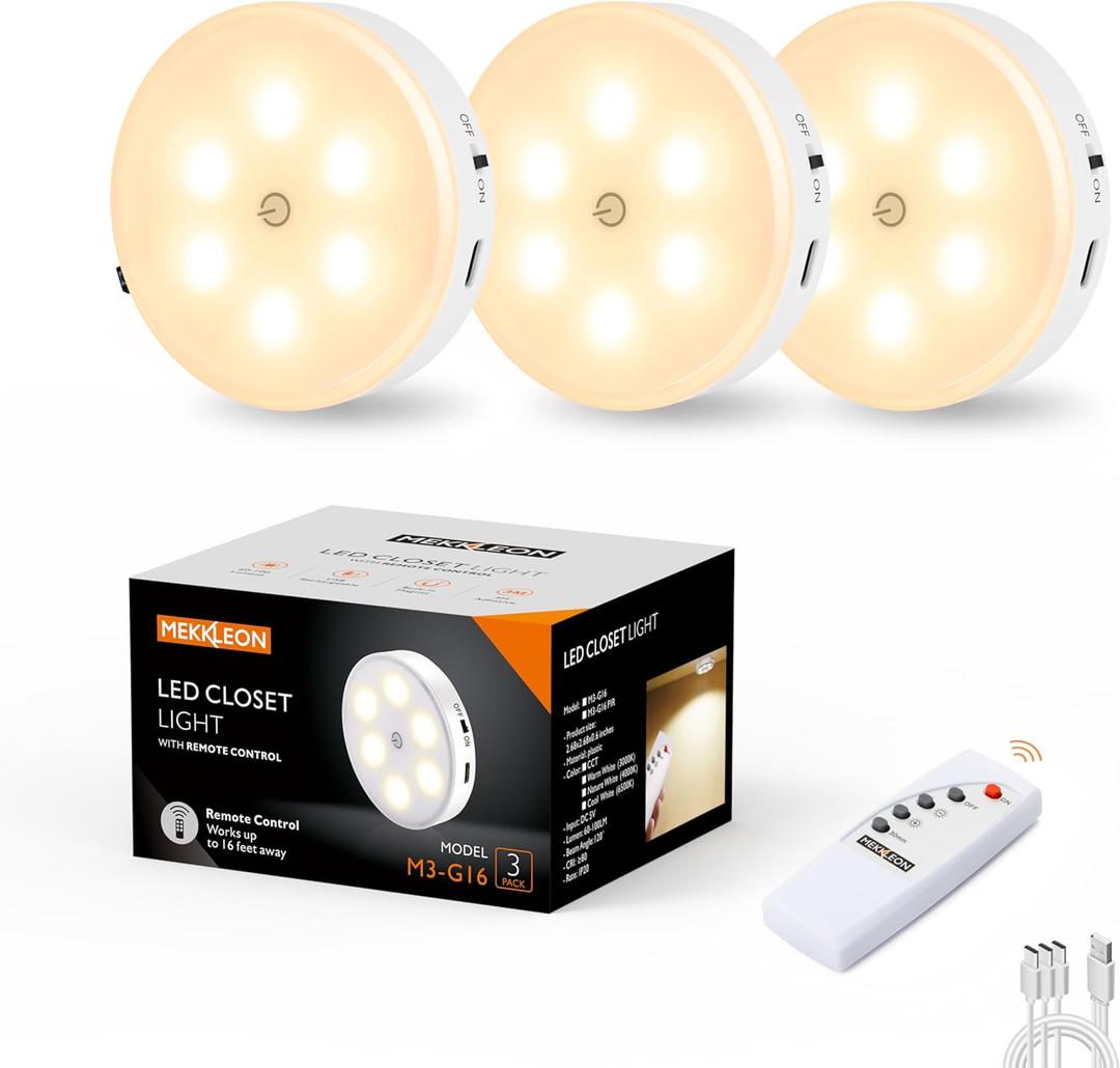 Puck Lights with Remote Control,1000mAh Rechargeable Under Cabinet Lighting,3Pack LED Closet Tap Light,Cordless Stick On Lights for Under Cabinet,Hallway,Stairway,Closet (Warm White)