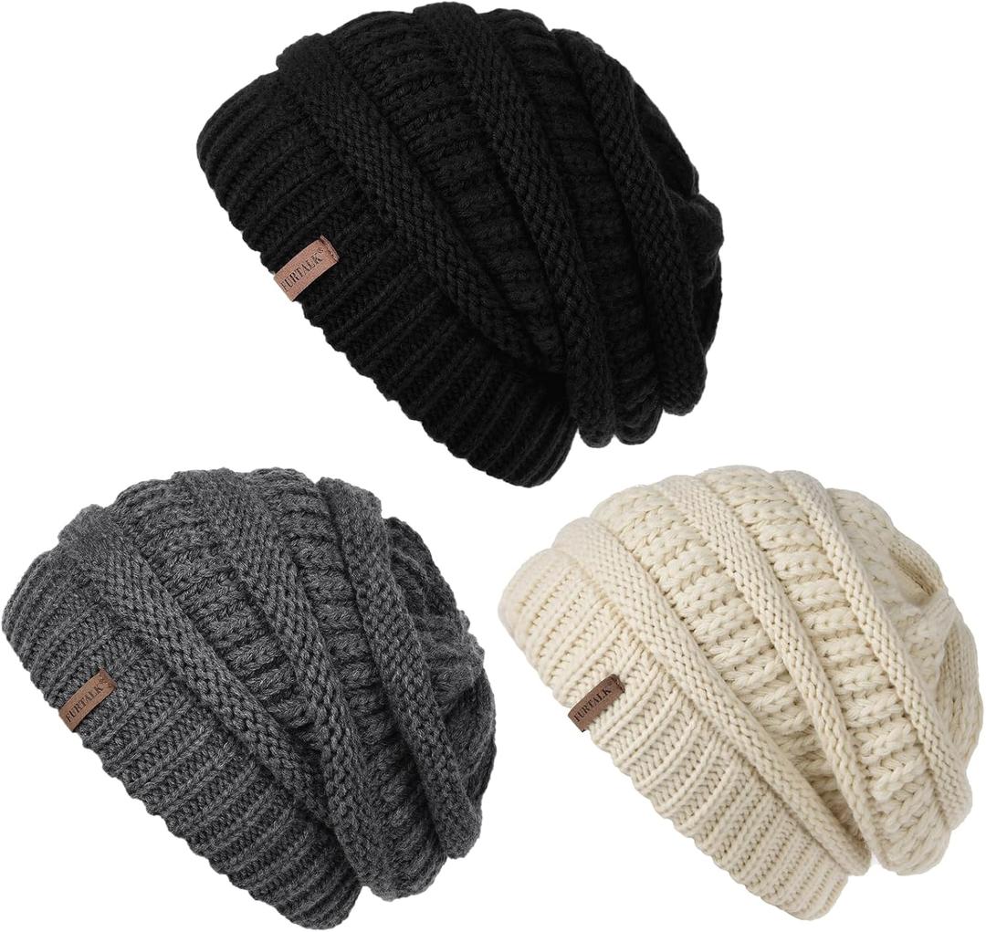 FURTALK Winter Slouchy Beanie Hat for Women Warm Cable Knit Strench Skull Cap (Black+grey+beige)