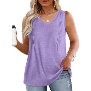 DOLNINE Plus-Size-Womens-Tank-Tops Summer V Neck Sleeveless Shirts Cute Flowy Pleated Blouses Casual Loose Fit Tunics XL-5XL (Purple)