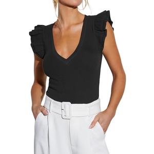Ezbelle Women's Black Ruffle Tops Deep V Neck Flutter Sleeve Shirts Summer Slim Fitted Tees Casual Ribbed Knit Short Shirt 2026 Trendy, Small