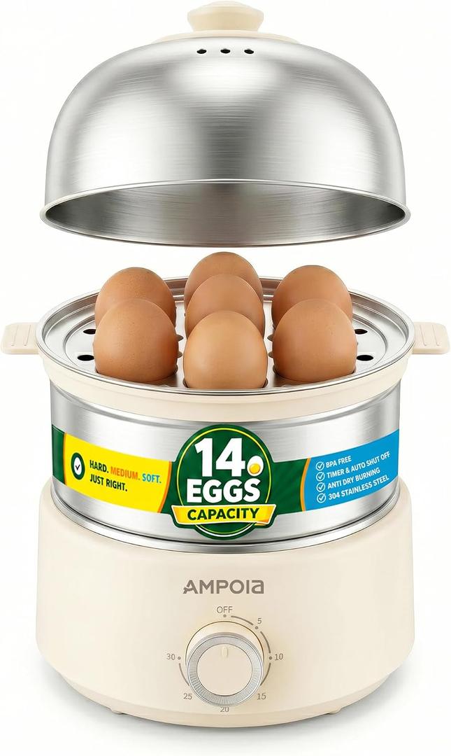 14 Eggs Electric Egg Cooker, 350W Rapid Egg Boiler with 30-Min Timer & Auto Shut-Off, Stainless Steel, Dishwasher Safe for Soft, Medium, Hard Boiled, Steamed Eggs, Vegetables & Seafood, Beige