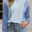 Womens Long Sleeve Tops Color Block Crewneck Knitted Casual Pullover Sweatshirt Loose Fit Fall Clothes (S)