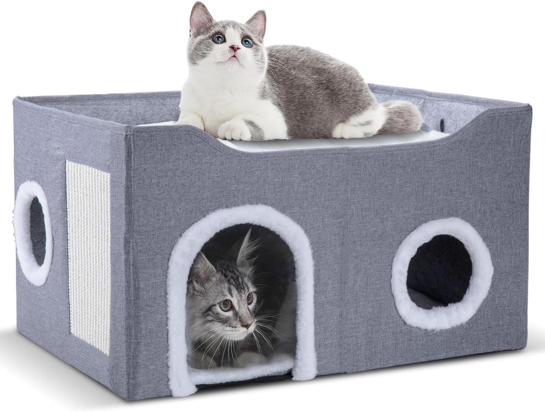Cat House for Indoor Cats  Foldable Cat Cave & Covered Cat Bed, Cozy Hideaway for Small Pets and Large Cats (23.6"x16"x12.8"),Grey