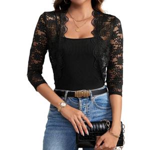 Urchics Womens Open Front Lace Shrug Top 3/4 Sleeve Cropped Cardigan Elegant Jacket Bolero Shrugs (Small, 01-black Lace)