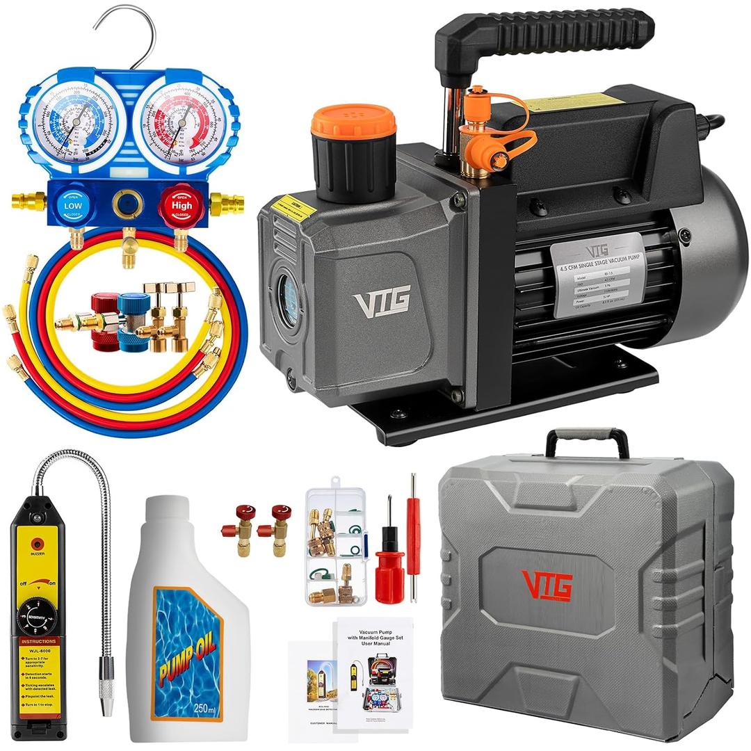 VTG VOGTEN 4.5 CFM AC Vacuum Pump and Gauge Set,for Mini Split/HVAC/Auto Systems,Manifold Gauge Kit fits R134a R12 R22 R410a,with Leak Detector,Core Depressor Valves,2 R134a Can Taps,Storage Case