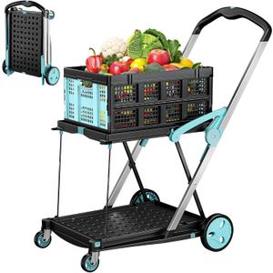 Foldable Shopping Cart, 200 lbs Capacity Grocery Carts on Wheels with Collapsible Crate Heavy Duty Collapsible Cart with Foot Brake for Groceries, Office, Warehouse and Supermarket (1 Storage Crate)
