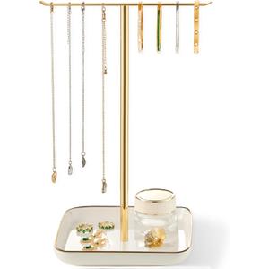 pickpiff Necklace Holder Stand with Ceramic Base: 12" Jewelry Tree Display Organizer for Necklaces, Bracelets, Rings, Earrings, Tall Gold Stand for Women, Aesthetic Room Dcor, Gold and White (6.7" base)