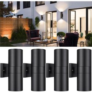 Outdoor Lights Wall Mount, Modern Cylinder Exterior Wall Light Fixtures, Matte Black up and Down Porch Lights Waterproof Wall Sconce Outside Lights for House 4 Pack