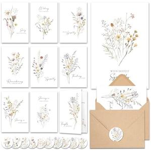 Pack of 2 20 Pcs Sympathy Cards with Envelopes and Thoughtful Messages (4"x6") - Wildflowers Watercolor Condolences Cards - Bereavement Cards Set with Envelopes and Matching Stickers - Sympathy Cards Bulk