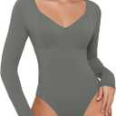 Avidlove Bodysuit for Women Long Sleeve Double Lined Tank Top V Neck Bodysuit Tummy Control Shapewear (Small, Grey)