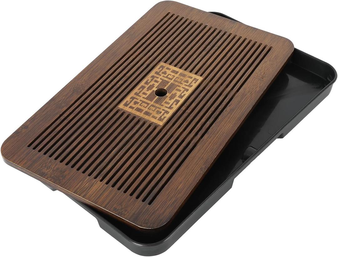 17 Inch Bamboo Chinese Gongfu Tea Tray with Water Storage Drainage for Kung Fu Tea Set, (Large, Black)