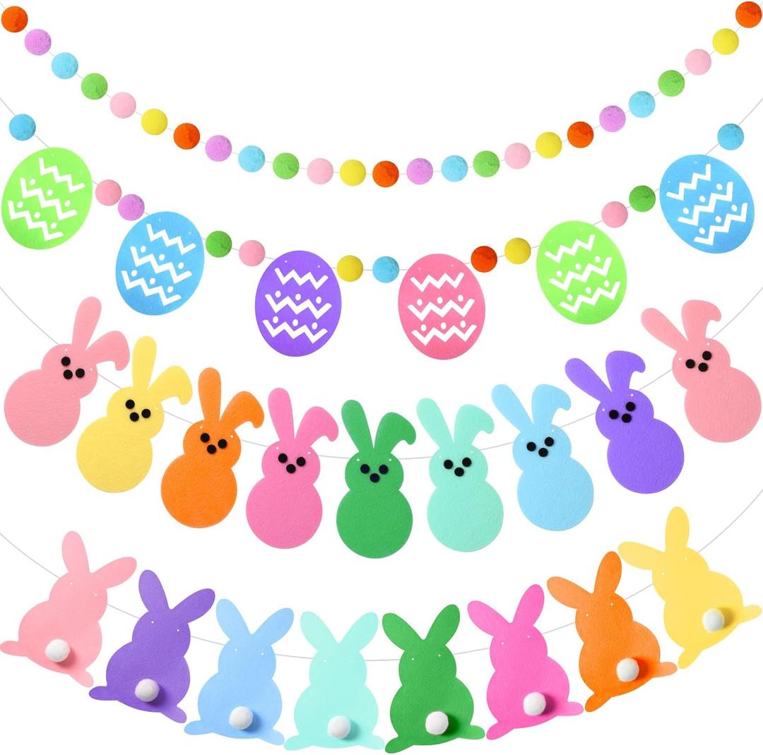 Jansun 4 Pack Easter Garlands 32.8 Feet Felt Bunny Eggs Pom Pom Garland Ornaments for Spring Easter Fireplace Wall Home Indoor Outdoor Party Hanging Decor Supplies(4 Design)