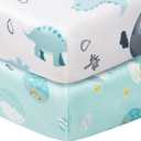 Graco Pack and Play Mattress Sheets Fitted, Dinosaur Mini Crib Sheets 2-Pack for Pack 'n Play Mattress, Stretchy Playard Sheets