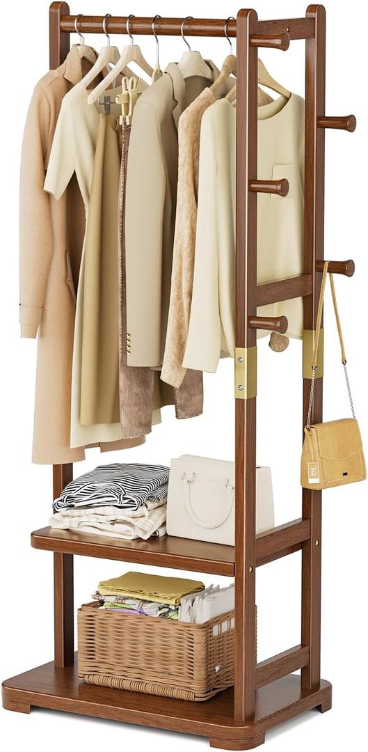 Coat Rack Solid Wood Clothes Rack with 2 Shelves & 4 Hooks for Hanging Clothes Garment Wallets Hats, Clothing Rack Coat Rack Freestanding Hall Tree with Storage for Hallway Bedroom Living Room