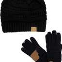 C.C Unisex Soft Stretch Cable Knit Beanie and Anti-Slip Touchscreen Gloves 2 Pc Set (One Size)